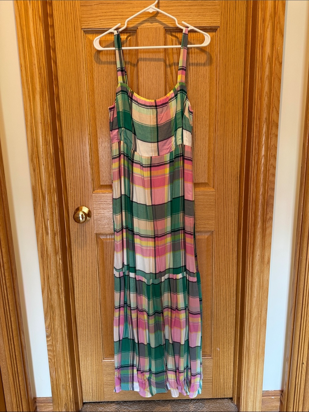 LOFT Pink and Green Plaid Maxi Dress